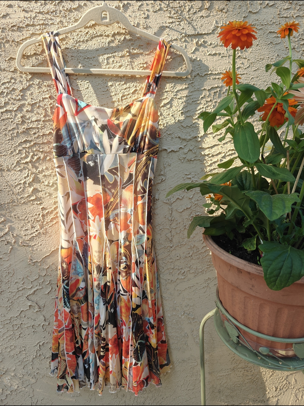 Frank Lyman Design Multicolor Floral Mesh Midi Dress with Orange Accents
